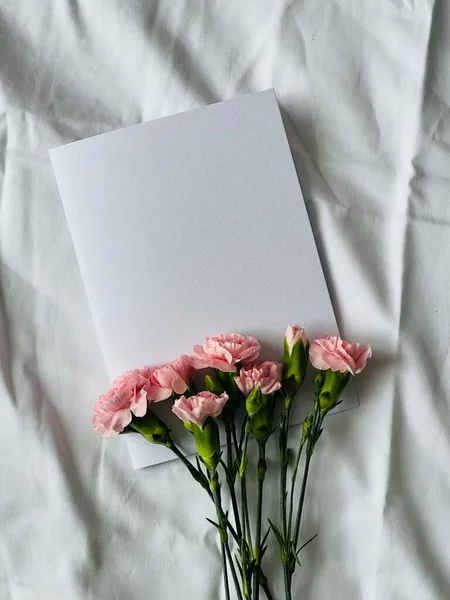 Buquê Cravos Rosa Cartão Folha Branca Das Mãos Uma Mulher — Fotografia de Stock