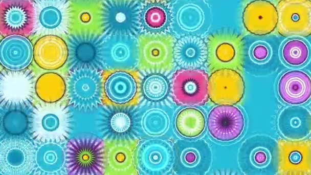 青い背景にある円と花のカラフルなパターン — ストック動画
