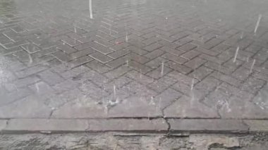 Gün boyunca sağanak yağmur, yolu ıslatan yağmur, kaldırım taşları