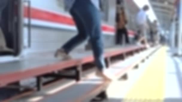 Cinematic Shot Passengers Stepping Out Commuter Trains Automatic Door Modern — Stock Video