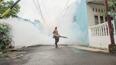 Depok, Batı Java, Endonezya. 25 Mayıs 2024. Sivrisinek larvalarını yok etmek ve bölgedeki dang hummasını önlemek için sis püskürtme makinesi kullanan bir açık hava işçisi.