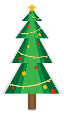 Üzerinde yıldızlar olan yeşil bir Noel ağacı ve ağacın etrafındaki süslemeler dekorasyon için kullanılır..