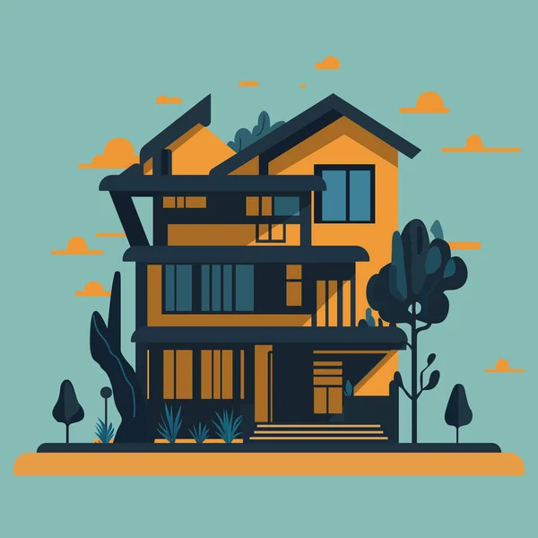 Modernes Haus Clip Art Mit Umliegenden Bäumen Zur Dekoration Verwendet — Stockvektor