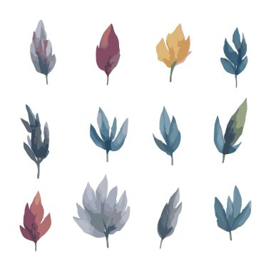 Suluboya elementleri bırakır. Düğün Davetiyesi için uygun beyaz arkaplanda izole edilmiş kolleksiyon botanik vektörü, tarihi kaydedin, teşekkürler, veya tebrik kartı.