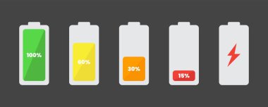 Batarya simgesi ayarlandı. Vektör çizimi. Şarjı bitmiş ve şarjı dolu bir akıllı telefon. Batarya şarj seviyesi göstergeleri. düz resimleme