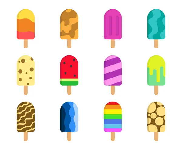 Set Colorful Ice Cream Popsicle Stick Icon Flat Design — Stock Vector