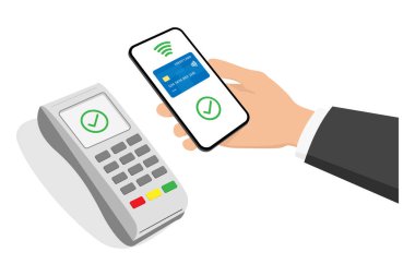 Ödeme terminalinde cep telefonu ödemesi, temassız ödeme konsepti. Düz vektör illüstrasyonu