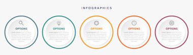Sunum ve veri görselleştirmesi için 5 daire seçeneği içeren kağıt bilgi şablonu. İş süreci dosyası. Beş adımlı diyagram başarılı oldu. İçerik, akış şeması, iş akışı için.