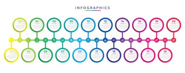 Sunum ve veri görselleştirmesi için 20 daire seçeneği içeren bilgi şablonu. İş süreci çizelgesi. Başarıya giden yirmi adımlı diyagram