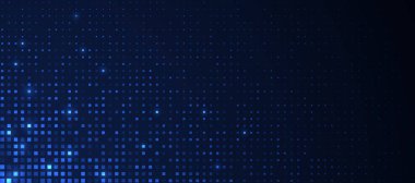 Parlayan ışıklarla, koyu mavi arka planda kare elementlerle soyut fütüristik teknoloji kare deseni.