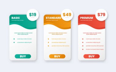 Fiyatlandırma planları veya abonelikler için web sitesi UI ögeleri. Ürün ve fiyat karşılaştırma tablosu.