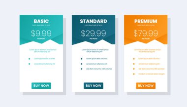 Fiyatlandırma planları veya abonelikler için web sitesi UI ögeleri. Ürün ve fiyat karşılaştırma tablosu.