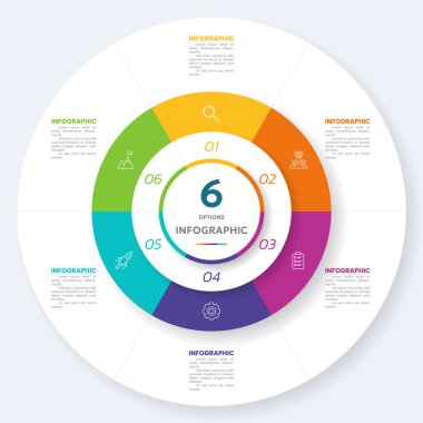 6 seçenek ve 6 simge içeren çember grafik bilgi şablonu, Vektör illüstrasyonu.