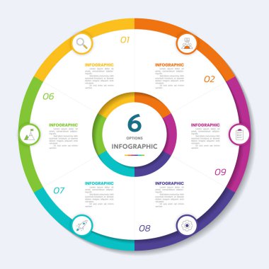 6 seçenek ve 6 simge içeren çember grafik bilgi şablonu, Vektör illüstrasyonu.