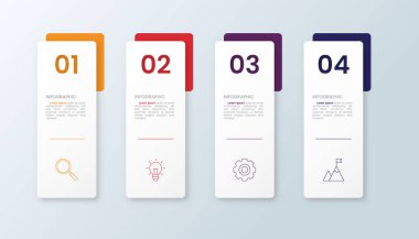 İş ve yönetim sunumu için numaralar ve simgeler içeren 4 adım bilgi grafiği.