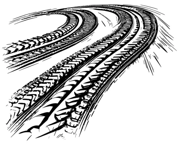 Малюнок Вигнутих Доріжок Шин Прохідного Автомобіля Вектор Чорно Білий — стоковий вектор