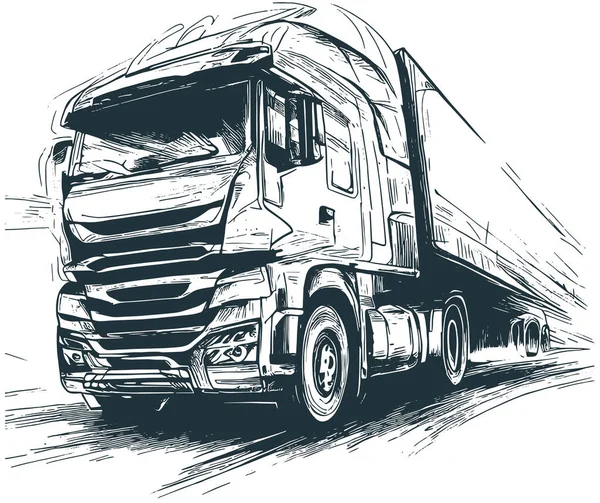 Vrachtwagen Rijden Snel Weg Vector Tekening Een Kleur — Stockvector