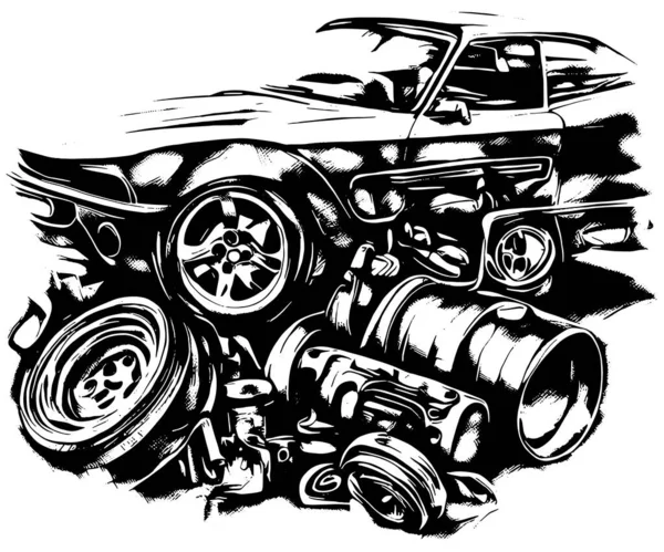 車や車の部品 自動車部品のベクトル画像黒と白 — ストックベクタ