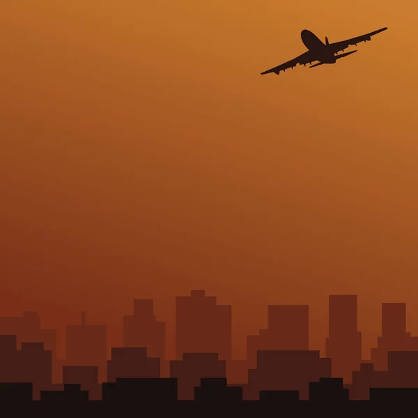 Αεροπλάνο Που Φέρουν Πάνω Από Την Πόλη Στο Ηλιοβασίλεμα Διάνυσμα — Διανυσματικό Αρχείο