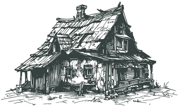 Stary Zniszczony Dom Wektor Ilustracja Ciemny Białym — Wektor stockowy