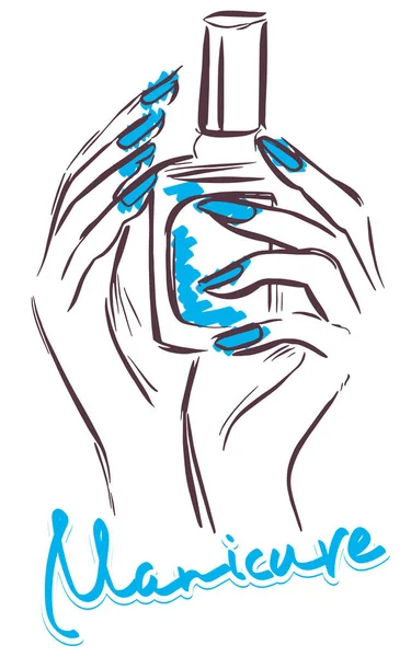Ręka Samicy Trzymając Butelkę Lakieru Wektor Rysunek Manicure — Wektor stockowy