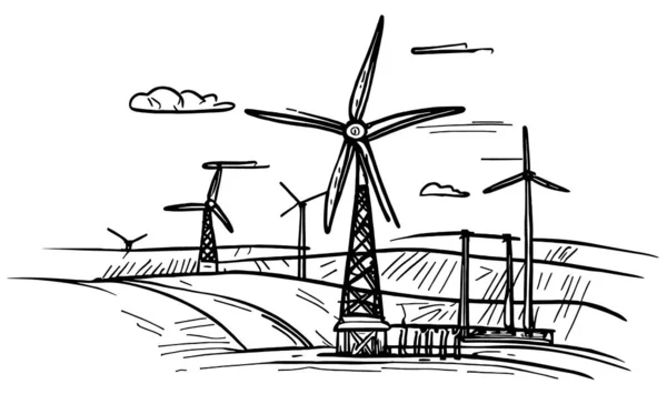 Landschaft Mit Windrädern Zeichnung Mit Strichen Vektor Schwarz Weiß — Stockvektor