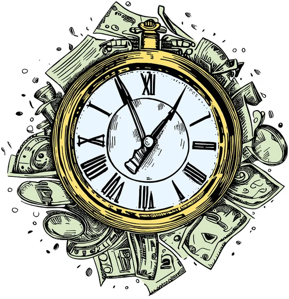 Money Time Vektor Zeichnung Der Pfeiluhr Die Auf Geld Liegt — Stockvektor