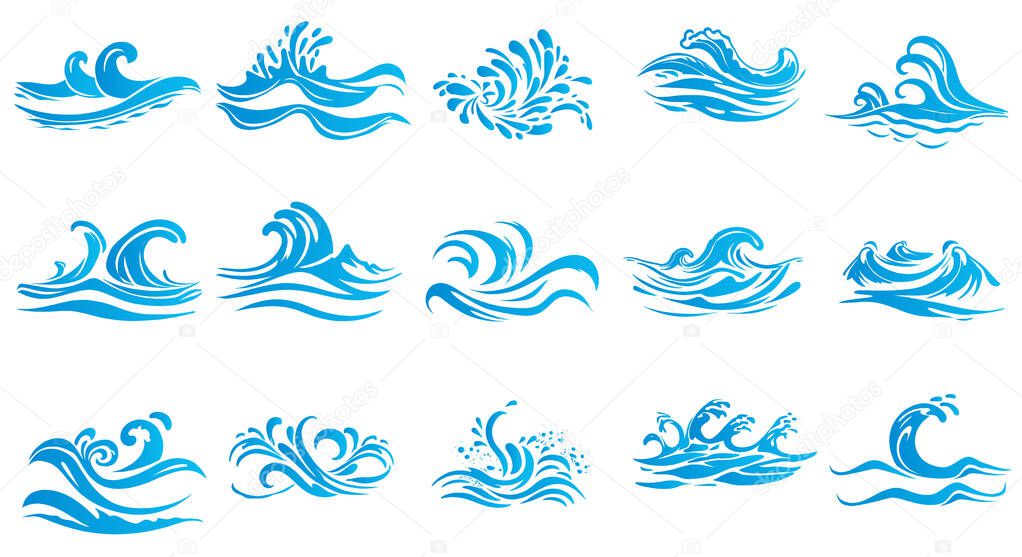 Waves symbols image collection stencil vector on white