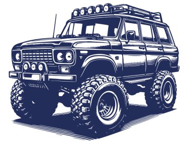 Tek renkli beyaz arka planda gösterilen bir off-road aracının büyük vektör çizimi