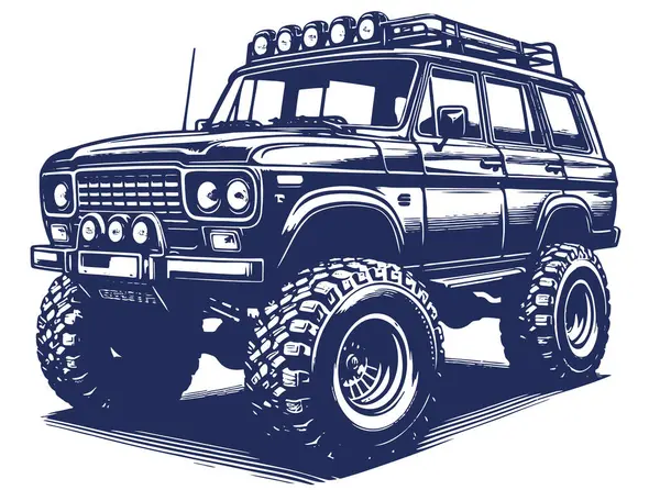 Tek renkli beyaz arka planda gösterilen bir off-road aracının büyük vektör çizimi