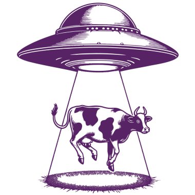 Bir UFO 'nun, gemiden bir ışınla dünyevi bir ineği kaçırmasının vektör kalıbı.