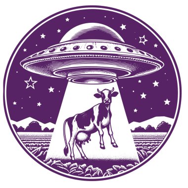 Alien spacecraft abducting a terrestrial cow with a beam from the vessel vector stencil illustration clipart