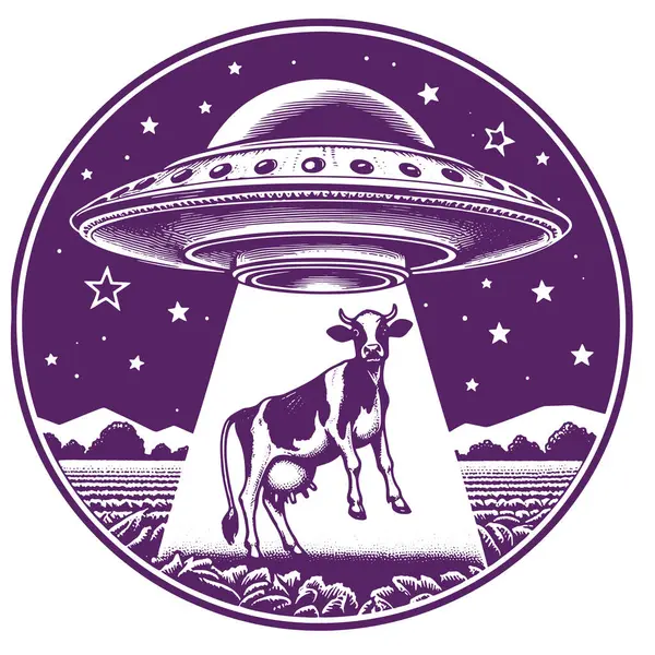 stock vector Alien spacecraft abducting a terrestrial cow with a beam from the vessel vector stencil illustration