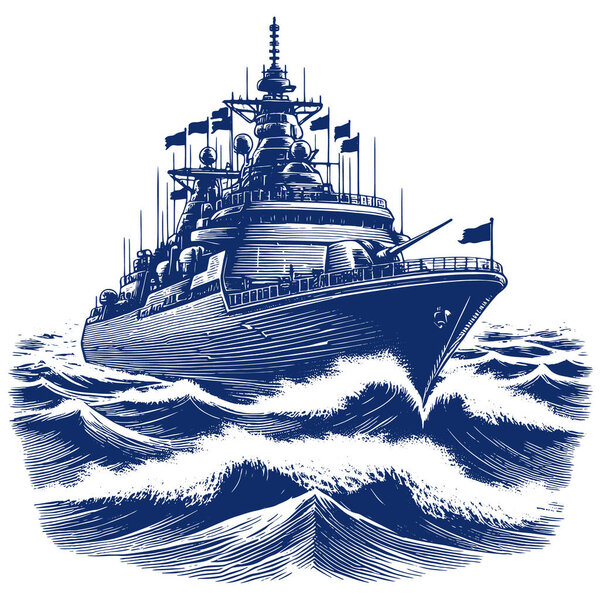 Vector monochrome engraving showing a powerful naval vessel navigating the ocean