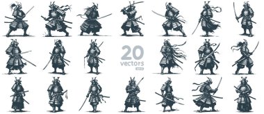 medieval Japanese warrior in armor with a sword collection of monochrome vector drawings clipart