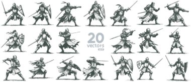 medieval warrior knight in armor and fighting stance collection of monochrome vector drawings clipart
