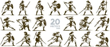woman warrior with a sword in a fighting stance collection of monochrome vector drawings clipart