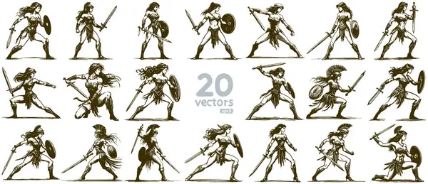 stock vector woman warrior with a sword in a fighting stance collection of monochrome vector drawings