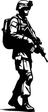 a soldier walks slowly with a machine gun in his hands vector drawing clipart