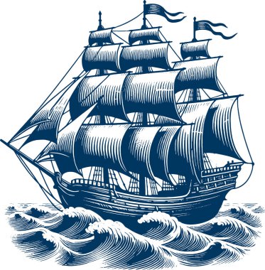 Ancient wooden sailboat cruising on waves vector crosshatch depiction clipart
