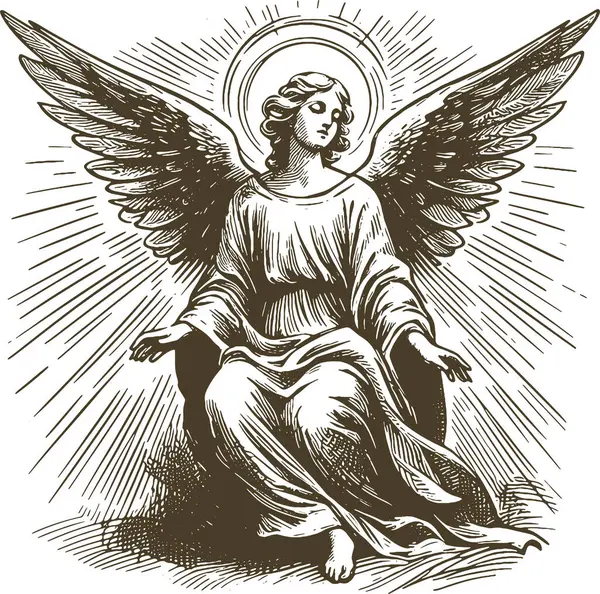 Dibujo Ángel Celestial Rayos Luz Sentado Sobre Una Piedra Grabado Vectores de stock libres de derechos