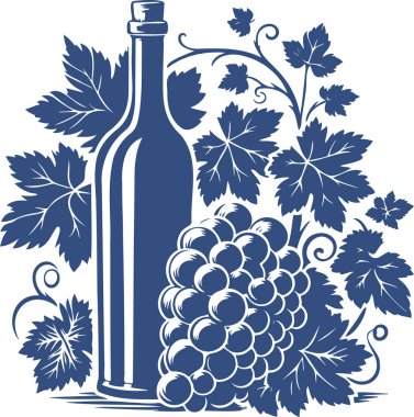 Vector stencil drawing of grapevine grapes leaves and wine bottle clipart