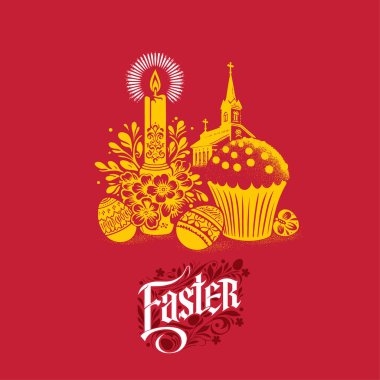 Layout design for Easter celebration with vector illustration inscription and themed stencil motif clipart
