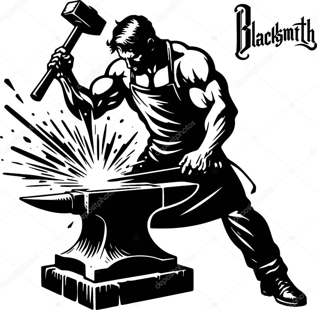A muscular smith strikes the anvil with a hammer causing sparks to scatter in a vector image