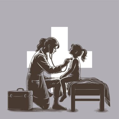 Kadın doktor steteskoplu kızı dinliyor vektör illüstrasyonunda yatakta oturuyor.