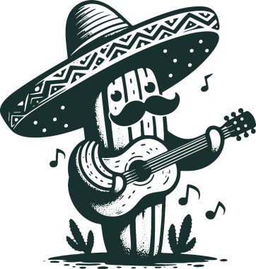 Sombrero 'da gitar çalan bir kaktüs müzisyeninin vektör kalıbı.