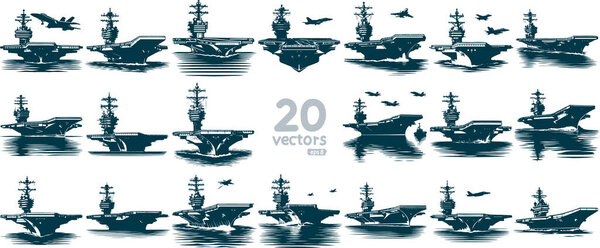 Серия простых векторных иллюстраций с изображением современного авианосца в действии