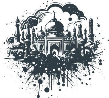 Bir vektör illüstrasyonunda kuleleri ve kubbeleri olan bir tapınağı tasvir eden sıçrama ve çizgilerle bir leke.