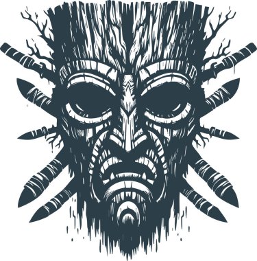 fighting terrifying mask of ancient tribes vector stencil drawing in minimalist style clipart
