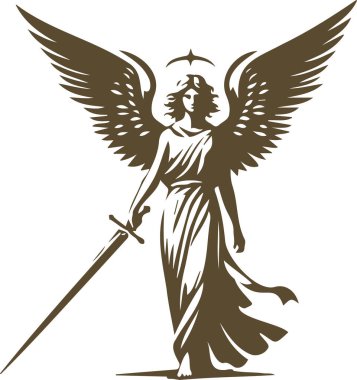 Angel with a sword in vector stencil design clipart